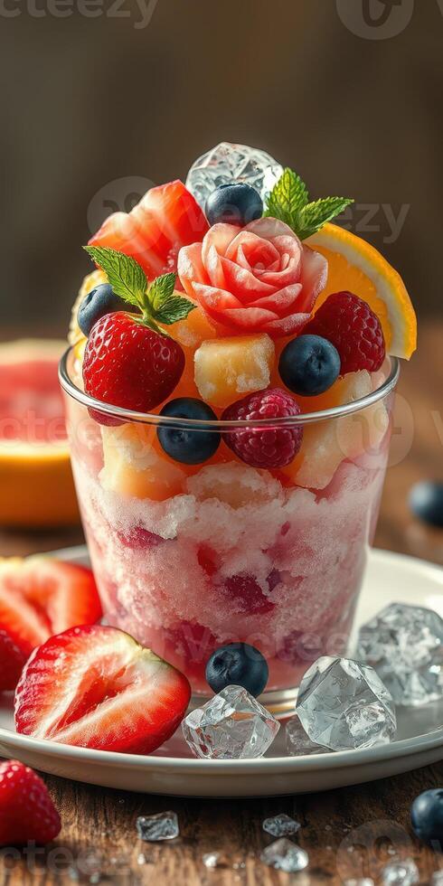 Colorful fruit dessert served in a glass with mint leaves and decorative elements on a wooden table photo