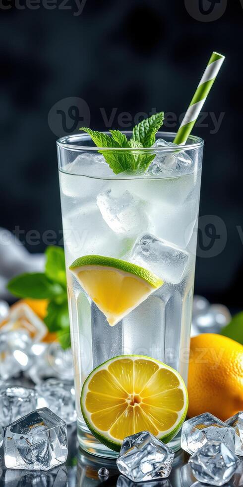 Refreshing lime and mint beverage served in a tall glass with ice and garnished with fresh mint leaves, perfect for summer enjoyment photo