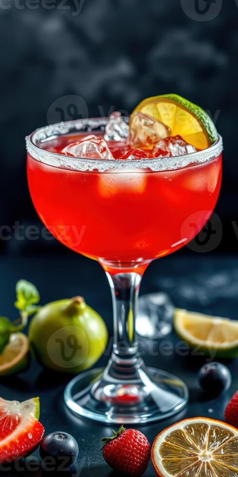 Vibrant cocktail garnished with lime and strawberries served in a glass with ice on a dark background photo