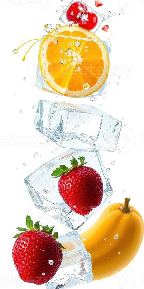 Slices of fruit and ice cubes create a splash as they fall into a refreshing drink photo