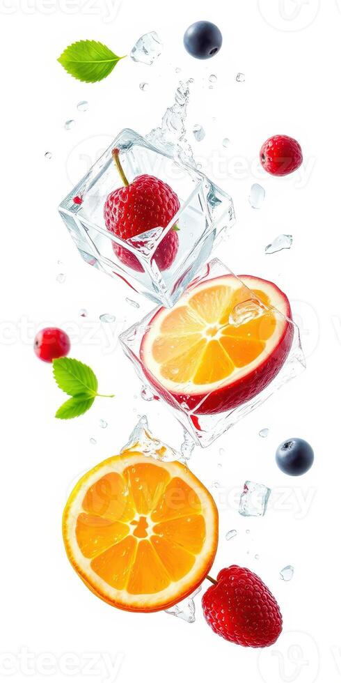 Fresh fruit splashes in ice cubes create a vibrant summer drink experience in a bright, playful arrangement photo