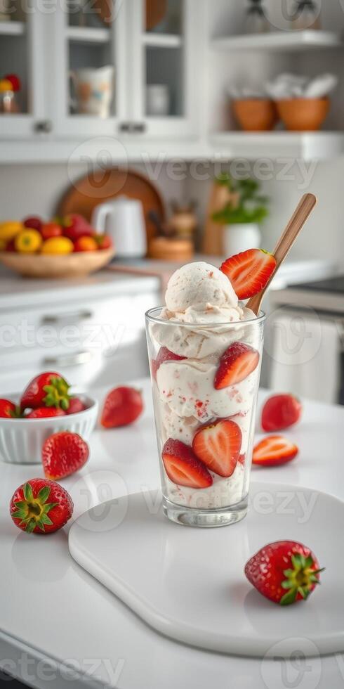 Delicious strawberry dessert served in a glass on a bright kitchen table with fresh strawberries photo