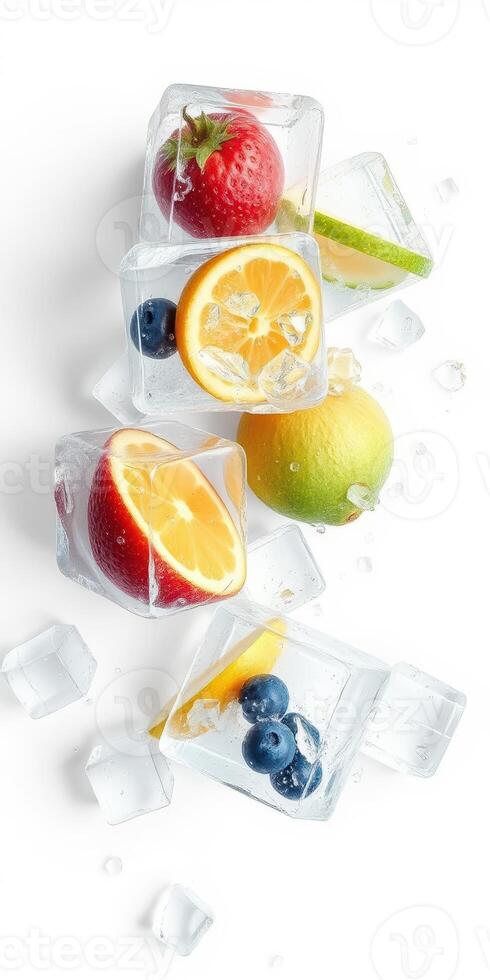 Fresh fruits and ice cubes create a refreshing composition on a clean surface photo