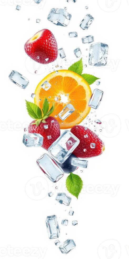 Fresh fruits and ice cubes create a refreshing summer drink mix with strawberries, orange, and mint leaves photo