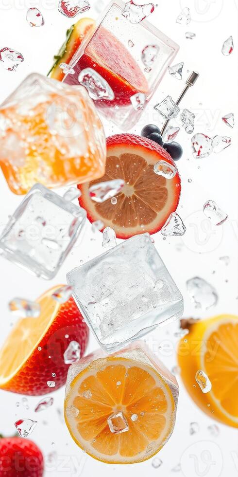 Refreshing fruit and ice splash captured in vibrant detail during a summer beverage preparation photo