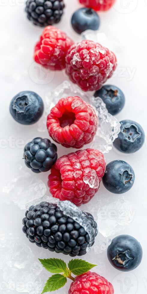 Fresh frozen berries on ice with vibrant colors and rich textures creating a summer vibe photo
