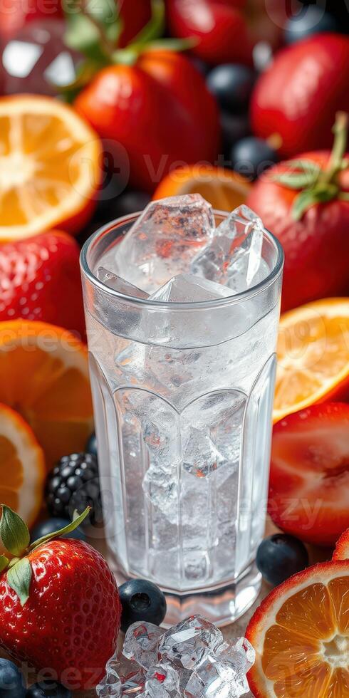Refreshing drink surrounded by vibrant fruits in a colorful display on a bright surface photo