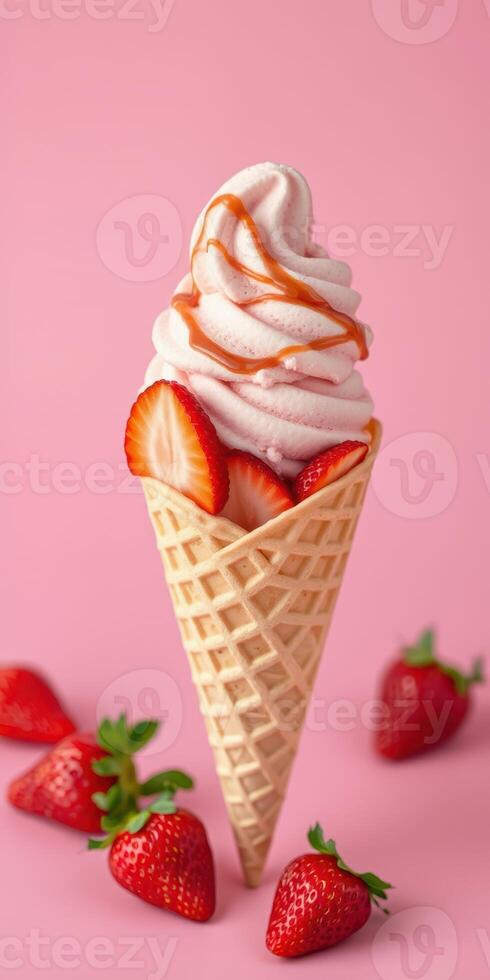 Delicious strawberry swirl ice cream cone with fresh strawberries on a pastel pink background photo