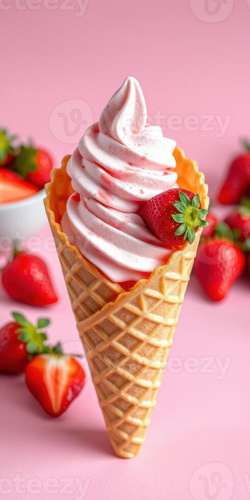 Delicious strawberry swirl soft serve in a crispy waffle cone with fresh strawberries on a pink backdrop photo