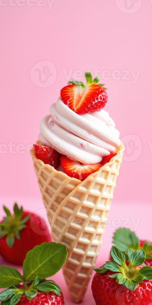 Delicious strawberry soft serve in a waffle cone with fresh strawberries and mint against a pink backdrop photo