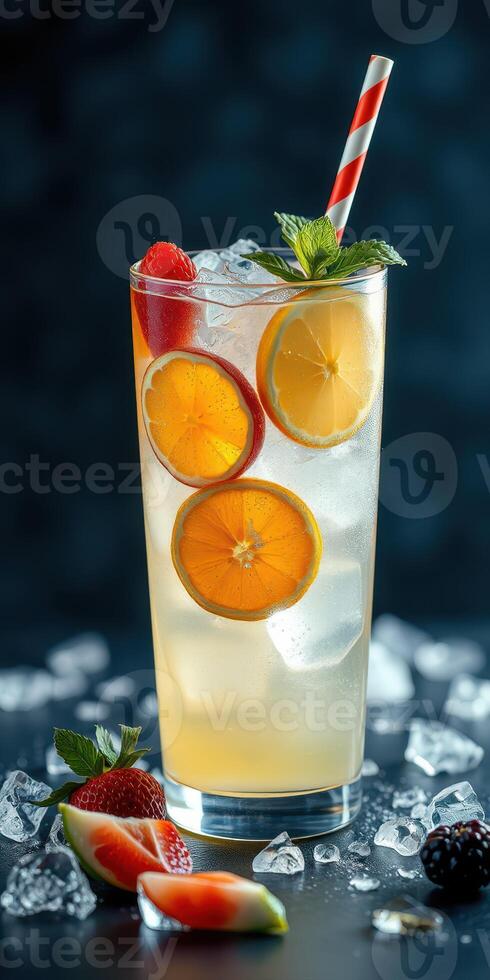 Refreshing citrus beverage topped with mint and berries, perfect for summer gatherings on a bright day photo