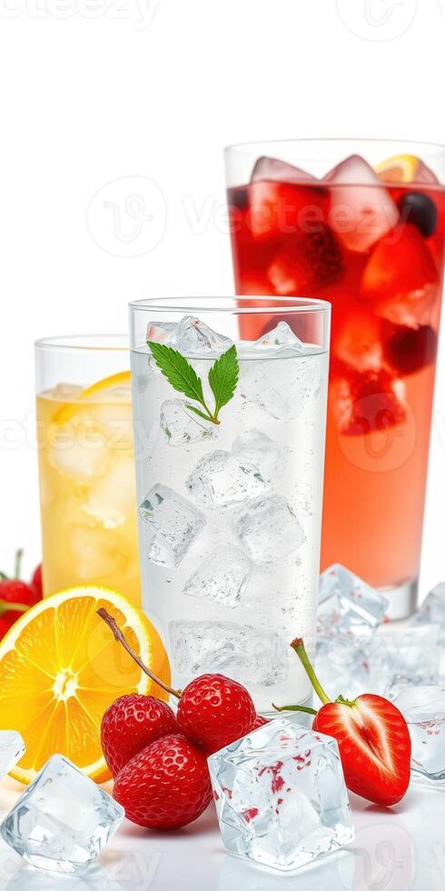 Refreshing summer drinks featuring lemon, strawberry, and mint on ice with fruits photo