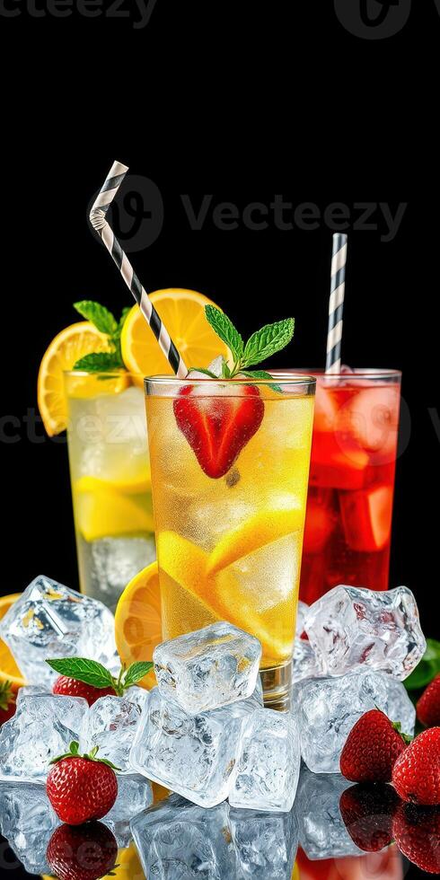 Refreshing summer beverages with ice, strawberries, and citrus in a stylish presentation photo