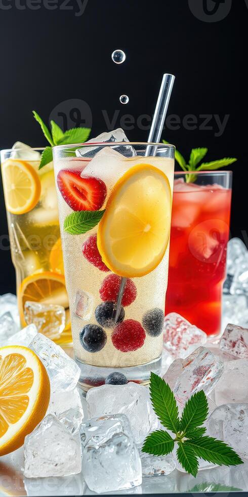 Refreshing summer drinks with fruits and ice served on a cool surface for a vibrant beverage display photo