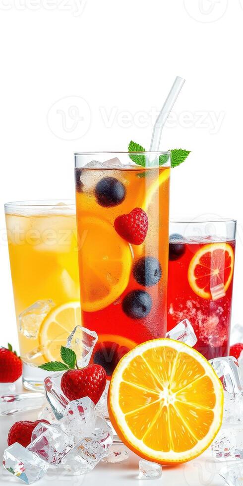 Refreshing summer beverages displayed with fruits and ice on white background photo