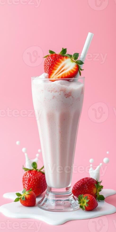 Creamy strawberry milkshake topped with fresh strawberries on a pink background photo