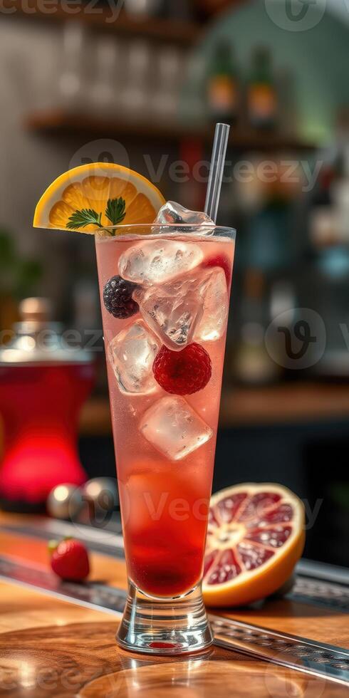 Refreshing summer cocktail with fruits and ice served in a bar photo