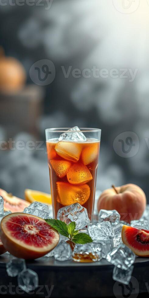 Refreshing iced tea with fruits and ice cubes garnished with mint on a dark background photo