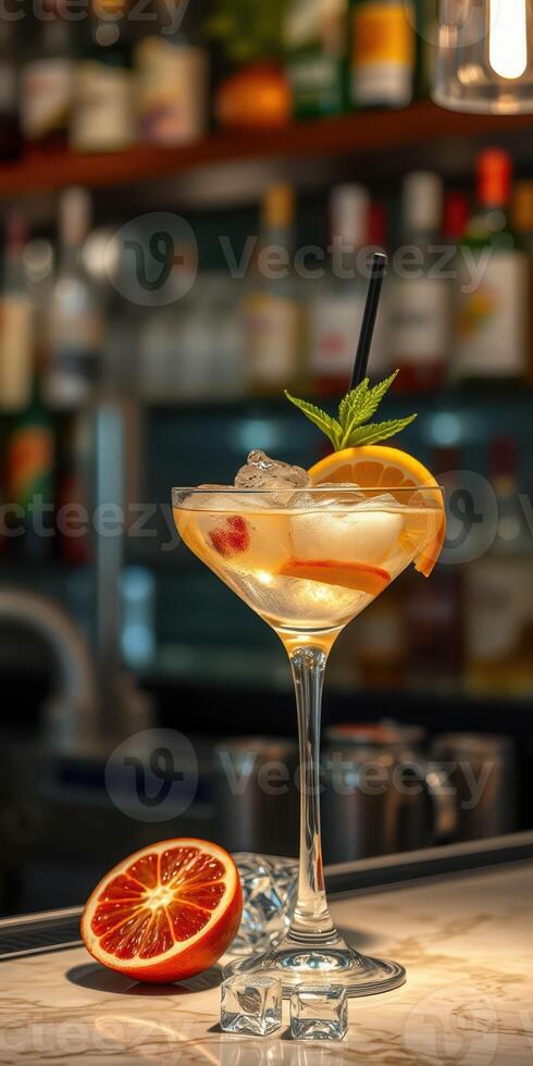 Refreshing cocktail served in elegant glass with citrus garnishes at a vibrant bar in the evening photo