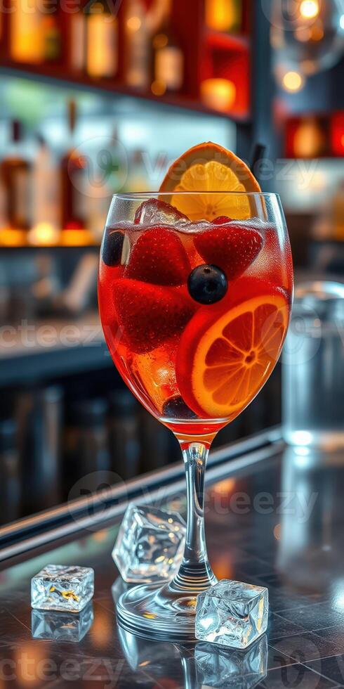 Refreshing cocktail with citrus and berries served in an elegant glass at a modern bar photo