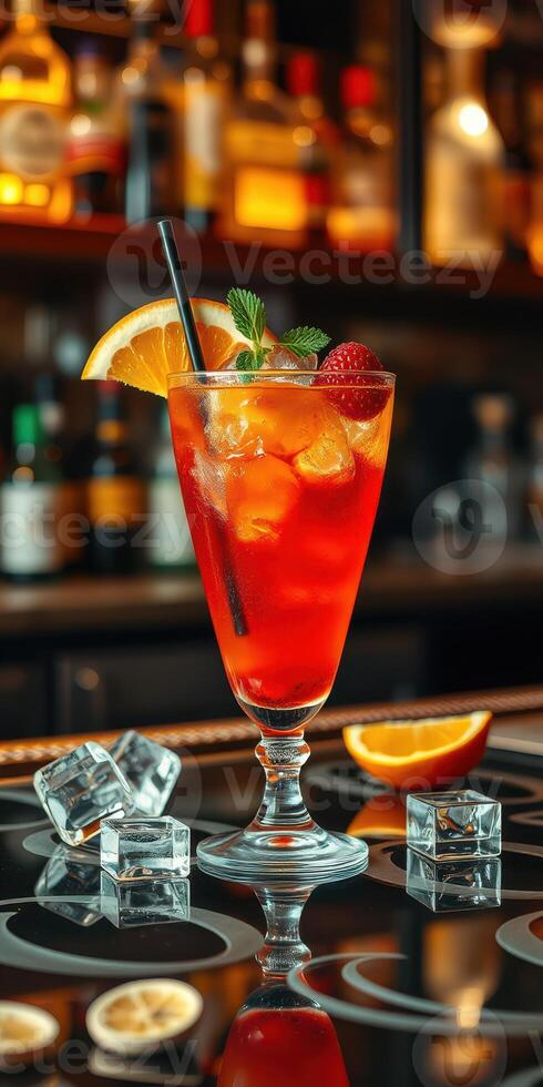 Refreshing cocktail served with fresh fruit at a lively bar in the evening photo