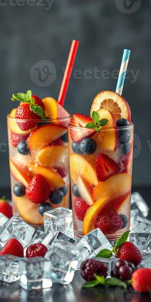 Refreshing fruit cocktails with strawberries, blueberries, and peaches served over ice on a dark background photo