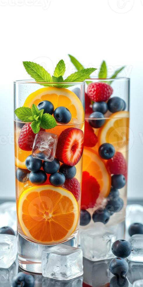 Refreshing fruit-infused drinks served in clear glasses with vibrant berries and citrus slices photo