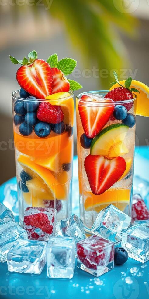 Refreshing fruit-infused drinks served in tall glasses with vibrant berries and ice on a sunny day photo