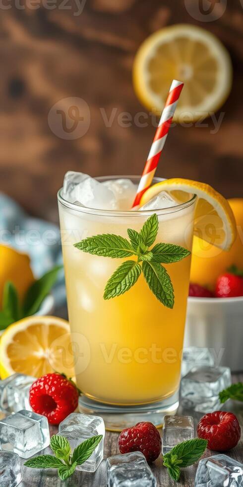 Refreshing drink with citrus and berries garnished with mint served on a wooden table photo
