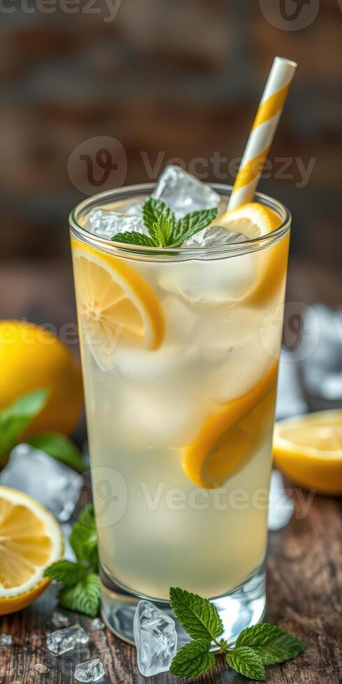 Refreshing lemon drink garnished with mint leaves and ice on a rustic wooden table photo