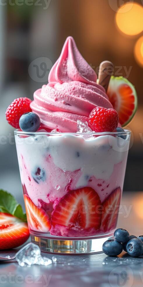 Delicious dessert featuring pink soft serve and fresh fruit served in a clear glass at a cafe photo