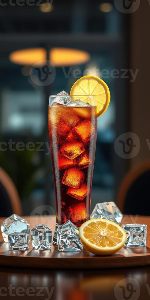 Refreshing iced beverage served with lemon slices and ice cubes on wooden table in a cozy setting photo
