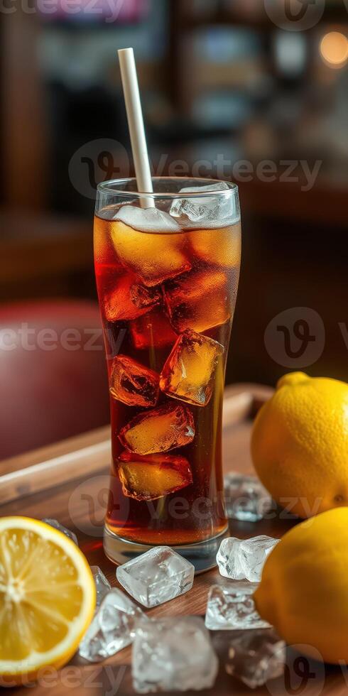 Refreshing iced tea served with fresh lemon slices and ice cubes in a cozy setting photo