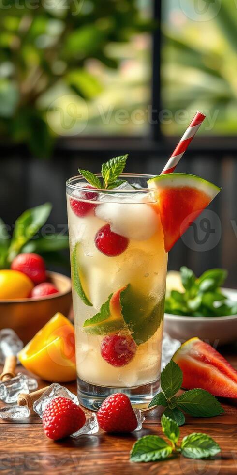 Refreshing fruit mocktail served in a tall glass with vibrant summer ingredients in a cozy setting photo