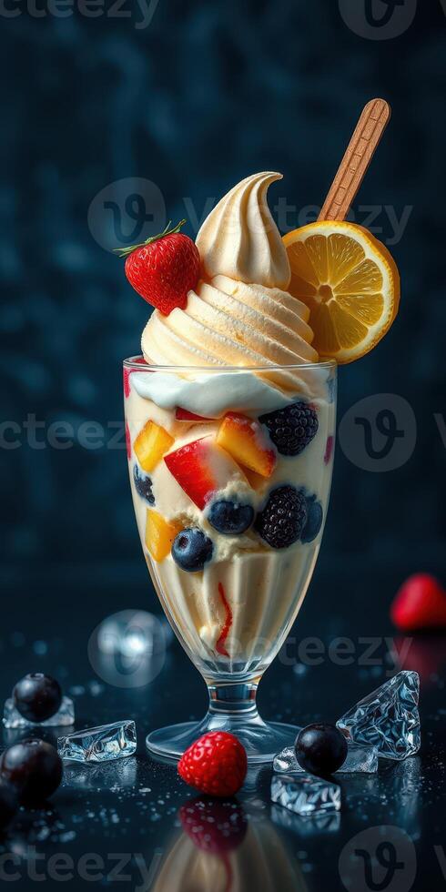 Deliciously layered fruit sundae with creamy swirl and fresh berries ready to be enjoyed at a dessert cafe photo
