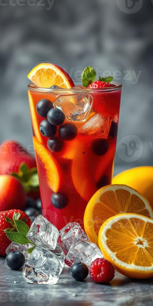 Refreshing summer beverage with vibrant fruits and ice served in a tall glass photo