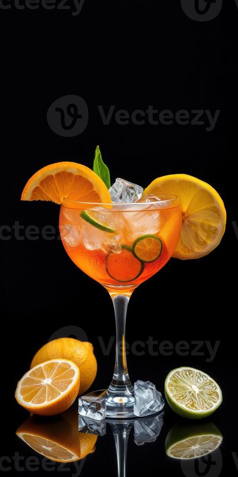 Refreshing citrus cocktail with ice and garnishes in a glass on a dark background photo