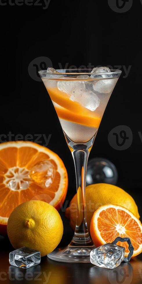 Refreshing citrus cocktail in a stylish glass with ice and fresh fruit on a dark background photo