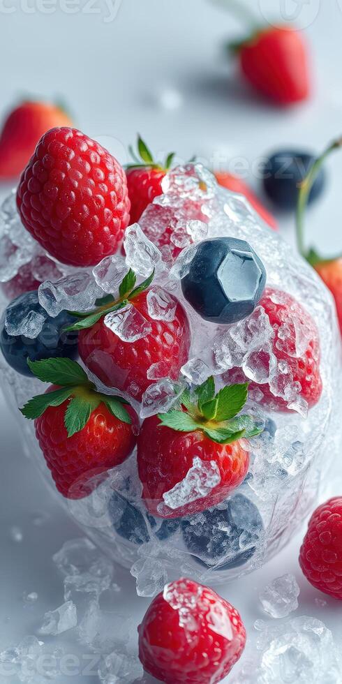 Fresh berries with ice creating a refreshing dessert display in a serene setting photo