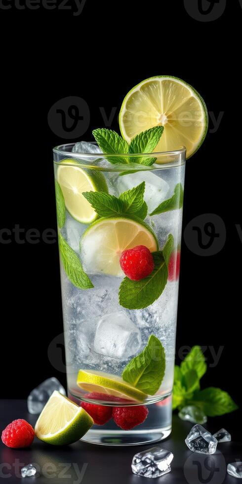 Refreshing mint and raspberry drink served in a tall glass with ice and lime slices photo