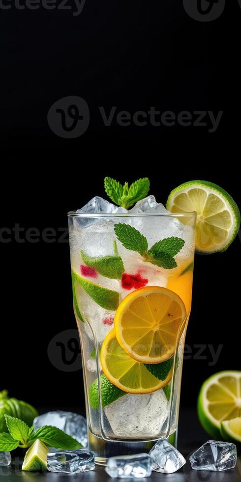 Refreshing summer drink with citrus fruits and mint served on ice in a tall glass photo