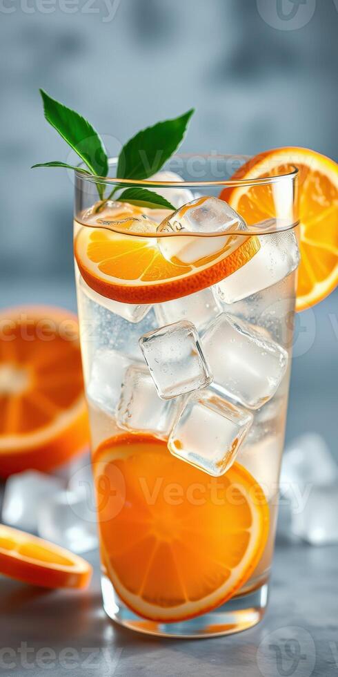 Refreshing citrus drink with ice cubes and orange slices on a serene blue background ready for summer enjoyment photo