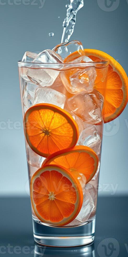 Refreshing citrus drink with ice cubes and orange slices served in a tall glass photo