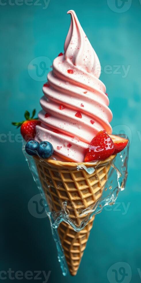 Soft serve ice cream cone topped with fresh strawberries and blueberries on a bright blue background photo