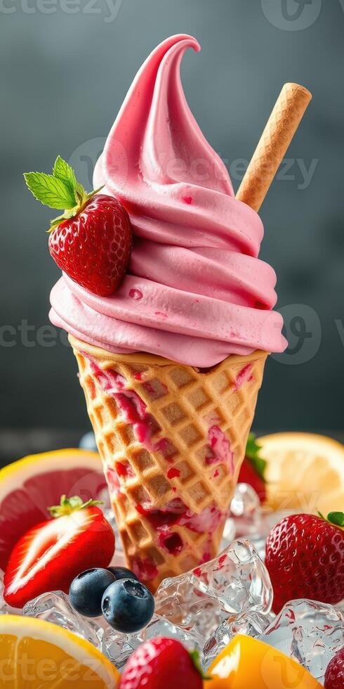 Soft serve strawberry ice cream cone garnished with fresh berries and vibrant fruit slices in a colorful setting photo