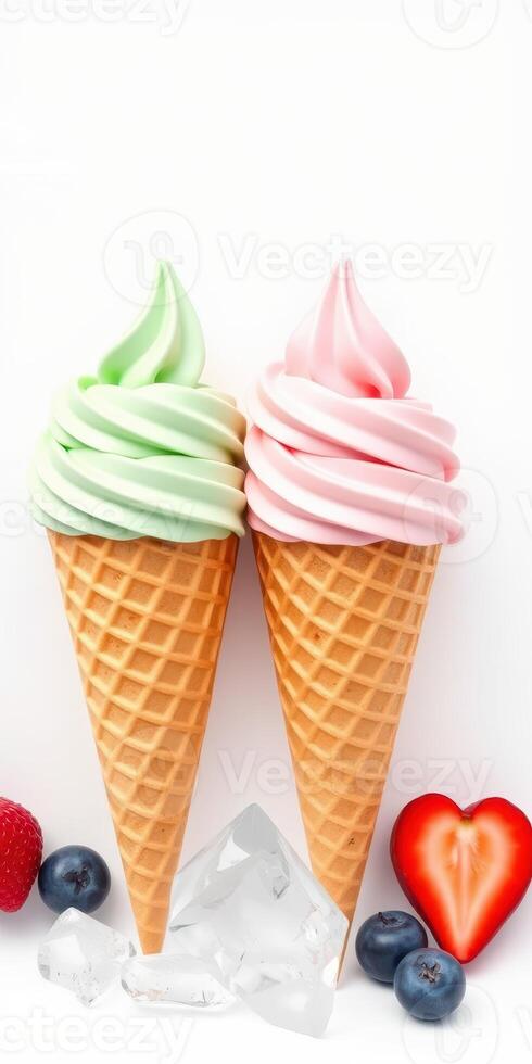 Colorful ice cream cones with fresh berries and hearts on a white background create a festive dessert display full of joy and sweetness photo