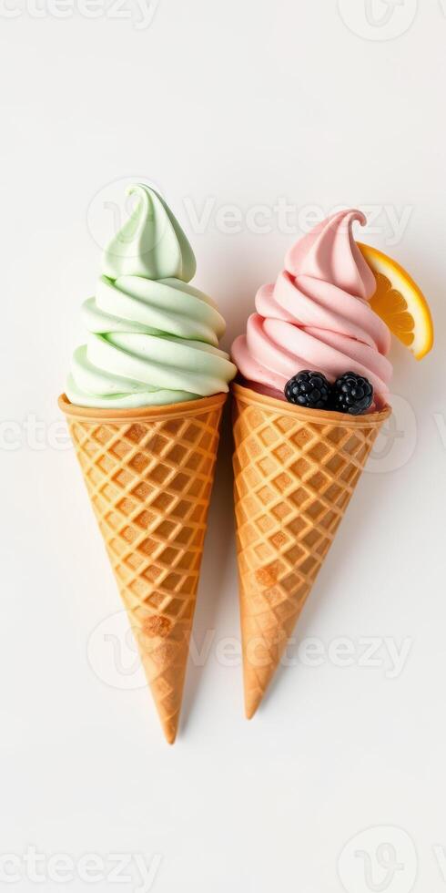 Colorful soft serve ice cream cones with mint and strawberry flavors topped with fruits photo