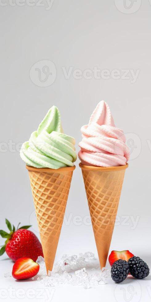 Ice cream cones with mint green and strawberry pink swirls next to fresh strawberries and berries photo