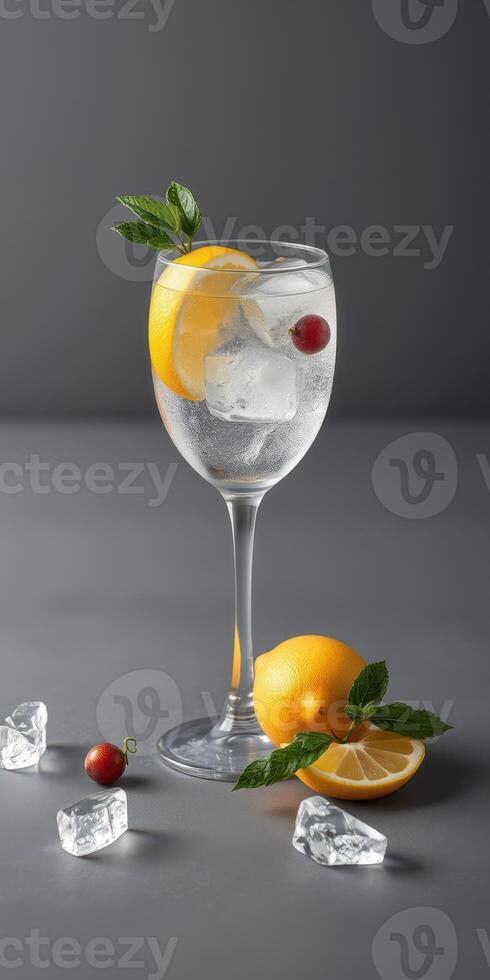 Refreshing citrus drink with lemon and mint served in a glass on a gray surface photo