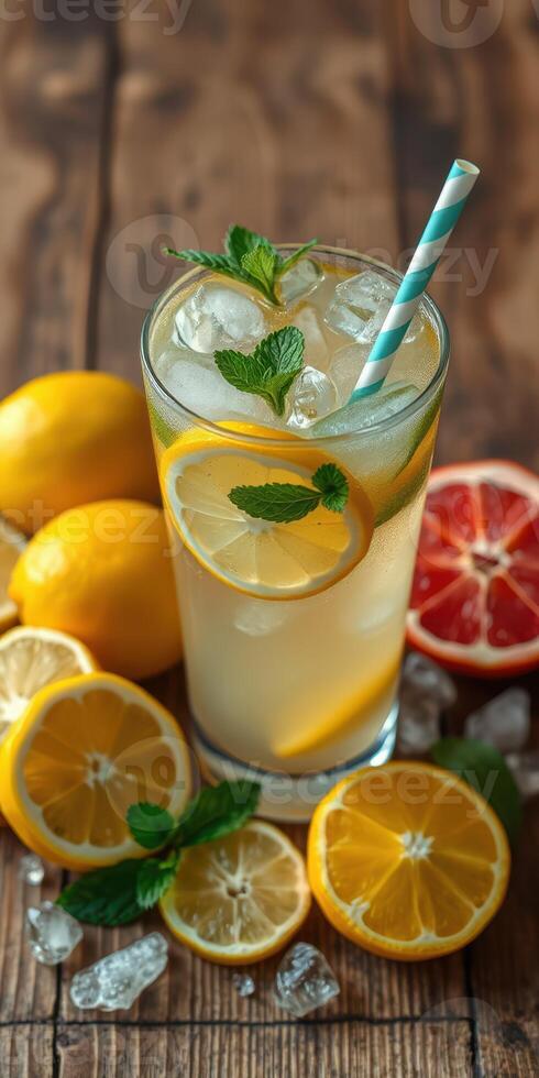 Refreshing citrus drink with mint garnishing on a wooden surface featuring vibrant lemons and grapefruits photo